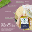 Image of a hand holding the Herbal Edge Onion Hair oil, with the benefits listed i.e.: Fights hair loss and hair thinning, reduces dandruff, reduces frizz and nourishes the scalp.