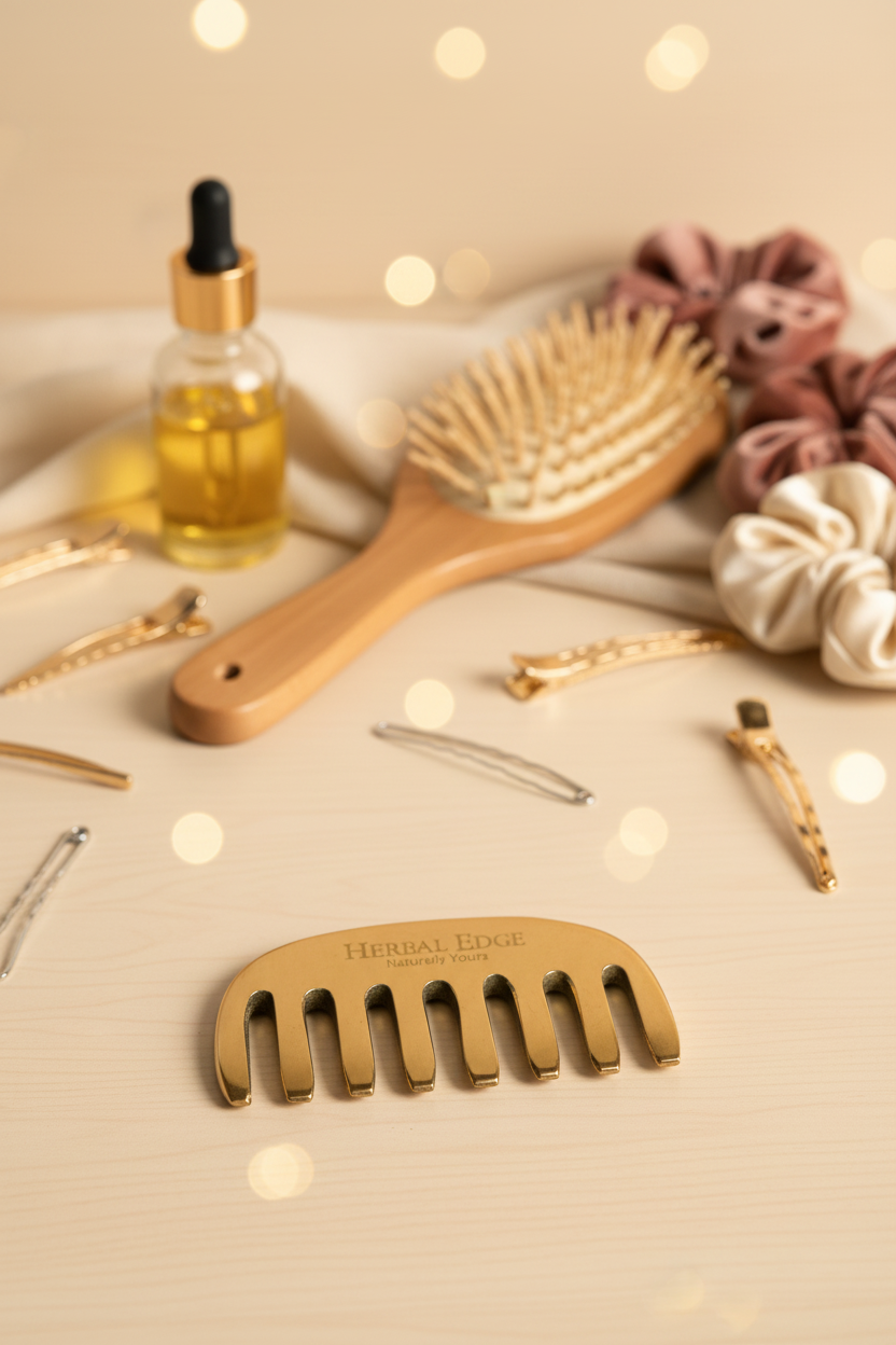 Gold kansa comb with 'Herbal Edge' branding with hair accessories in the background