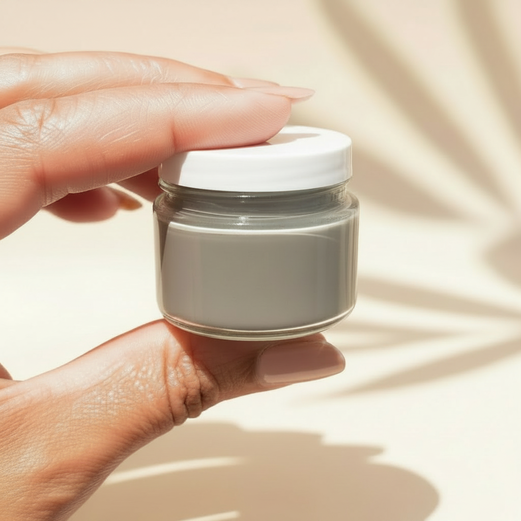 A hand holding a small jar of dead sea Mud mask, with a blurred background of flowers.