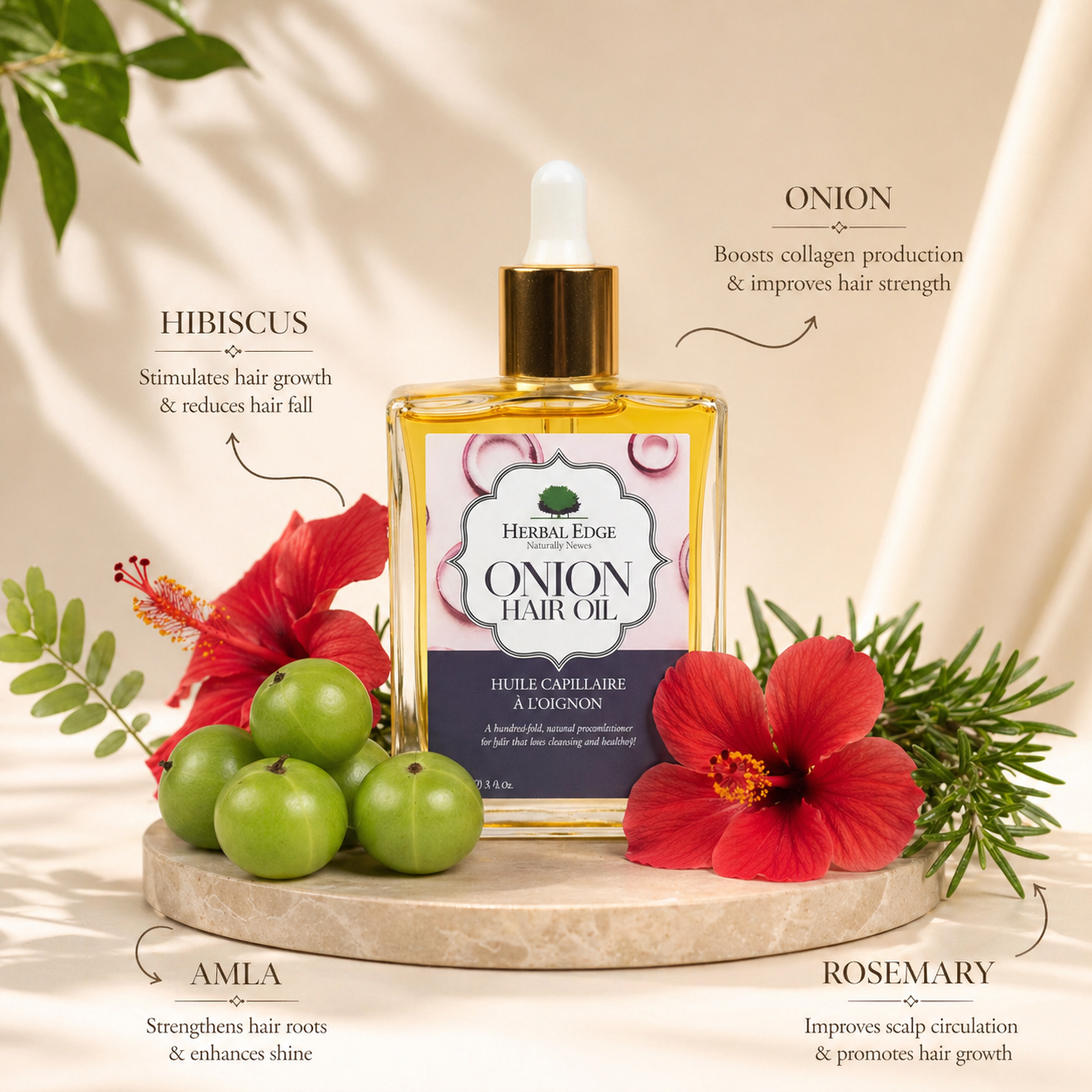 Herbal Edge Onion Hair Oil with hibiscus, amla, and rosemary on a beige background