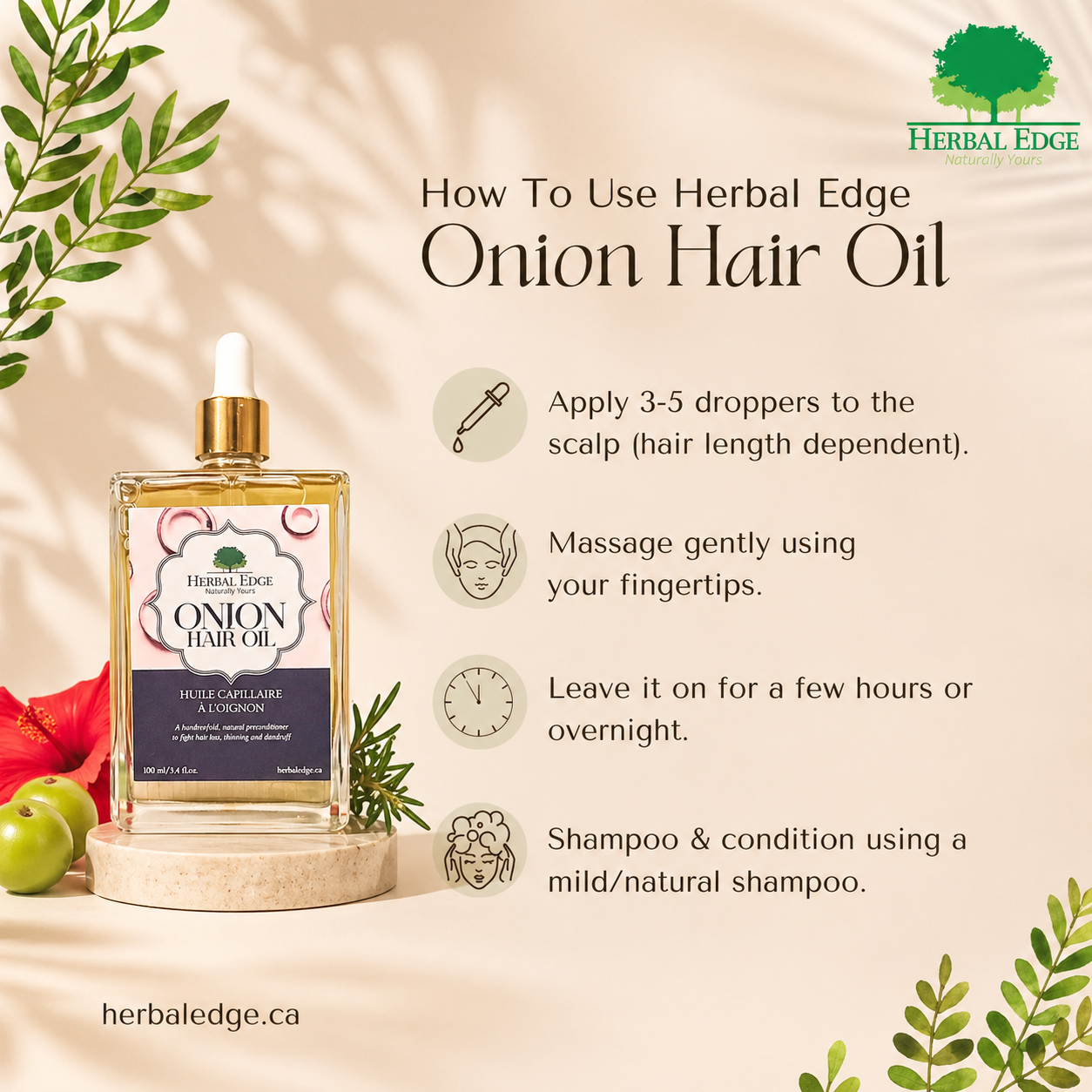 Herbal Edge Onion Hair Oil with usage instructions and brand logo on a beige background