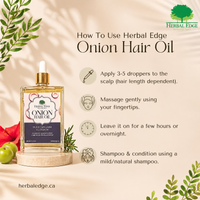 Herbal Edge Onion Hair Oil with usage instructions and brand logo on a beige background