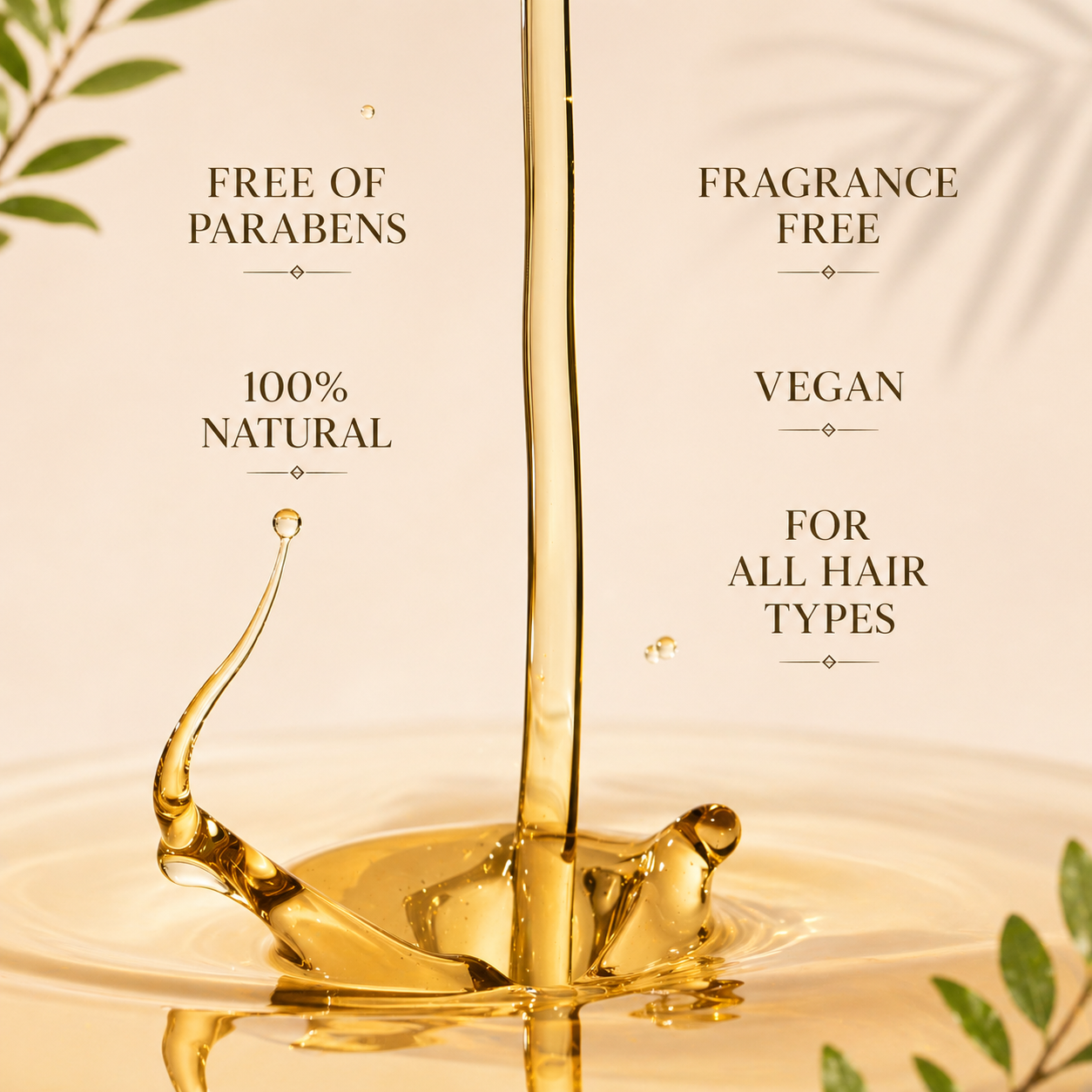 Gold oil droplet with text highlighting product features on a beige background