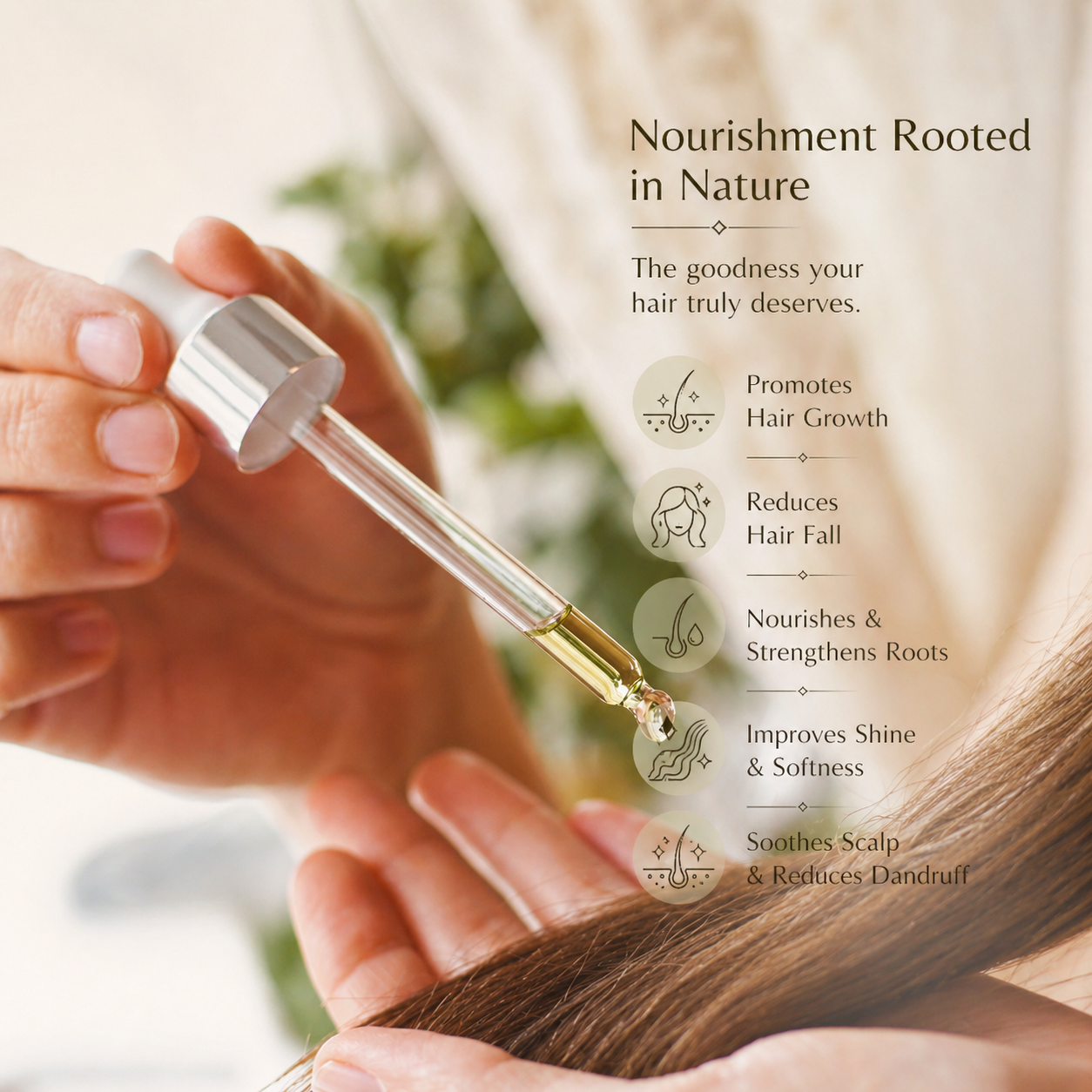 Hand holding a dropper with hair oil and text about hair care benefits like promotes hair growth, reduces hair fall, improves shine
