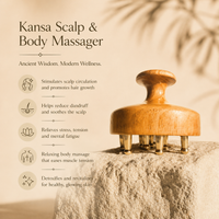 Kansa scalp and body massager with benefits listed on a beige background