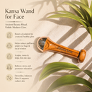 Kansa Wand for Face with benefits listed on a light background with green leaves.