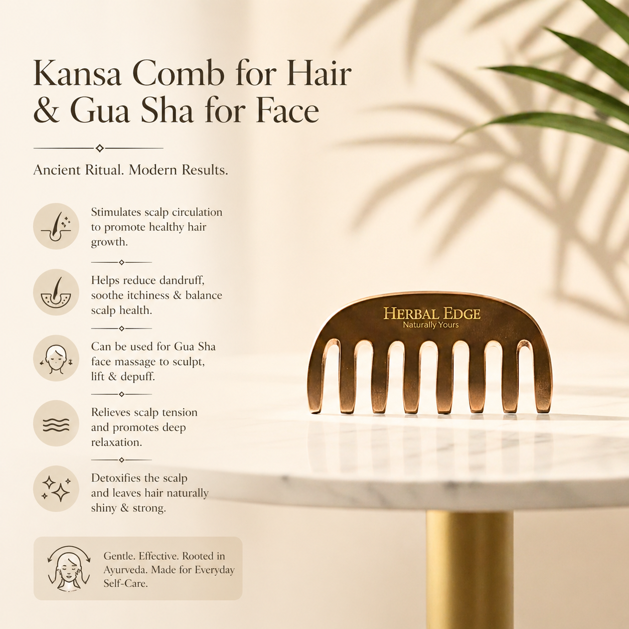 Kansa comb with text about its uses on a light background