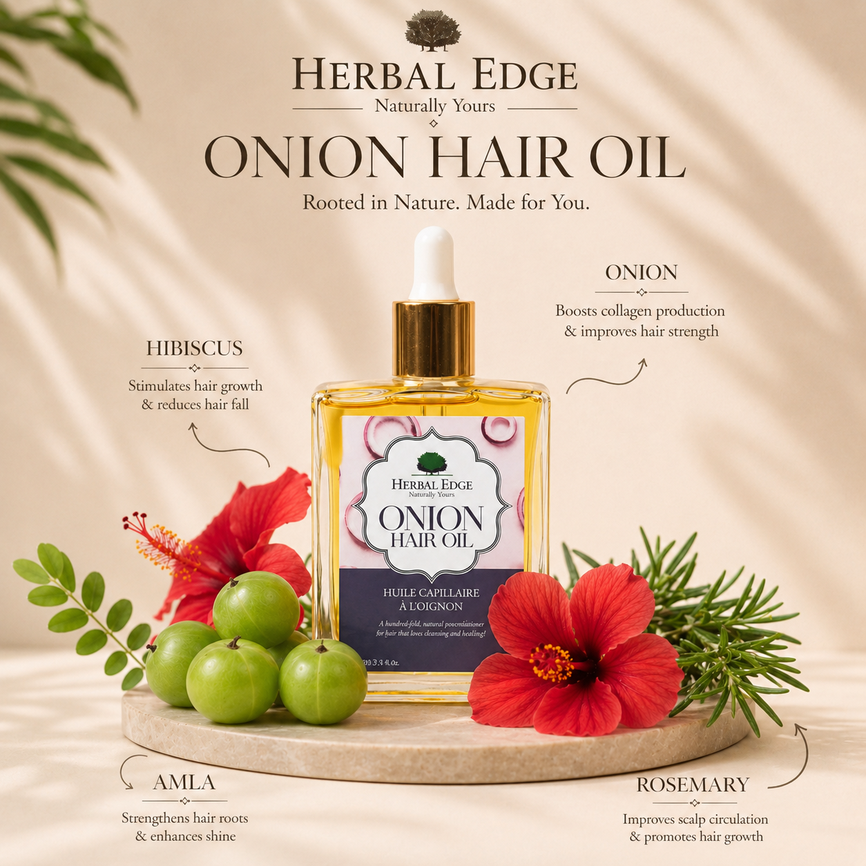A bottle of Herbal Edge Onion Hair Oil is displayed on a marble slab with decorative ingredients including red hibiscus flowers, green amla fruits, rosemary, and a green leaf, set against a warm beige background with soft leaf shadows. Text overlays highlight key ingredients.