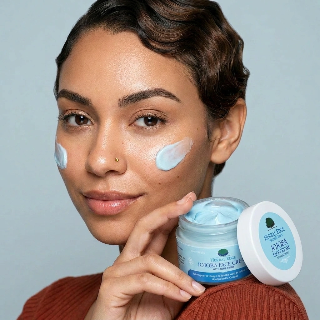 Woman applying cream to her face with a jar of Herbal Edge Jojoba Face Cream.