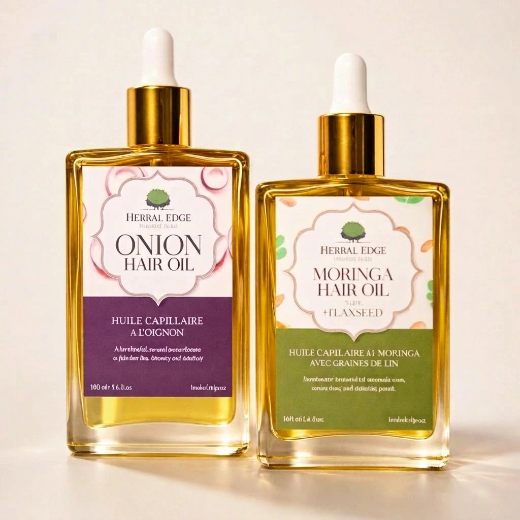 Two bottles of Herbal Edge hair oil with labels for Onion and Moringa on a light background.