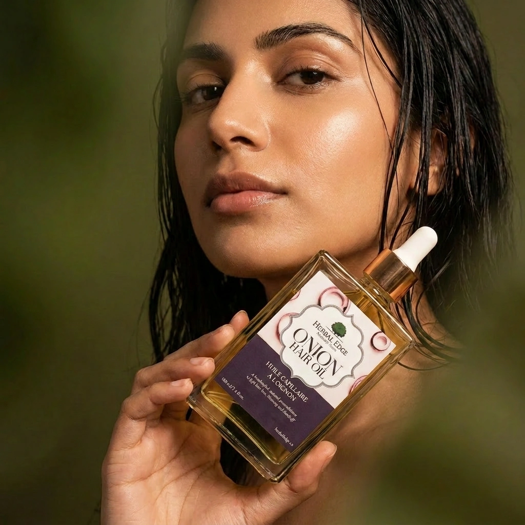 Woman holding a bottle of herbal hair oil with a blurred green background