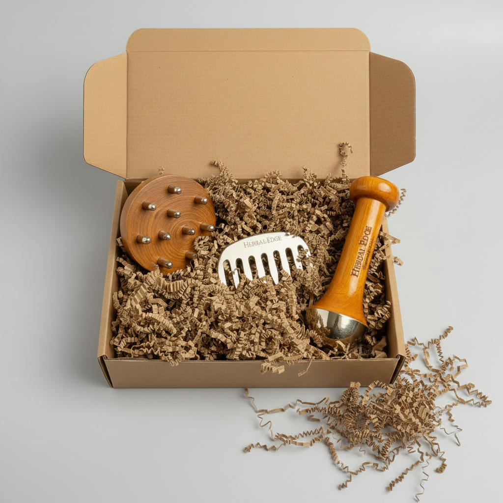 Three hair and skin grooming tools in a cardboard box with brown packing material on a light gray background