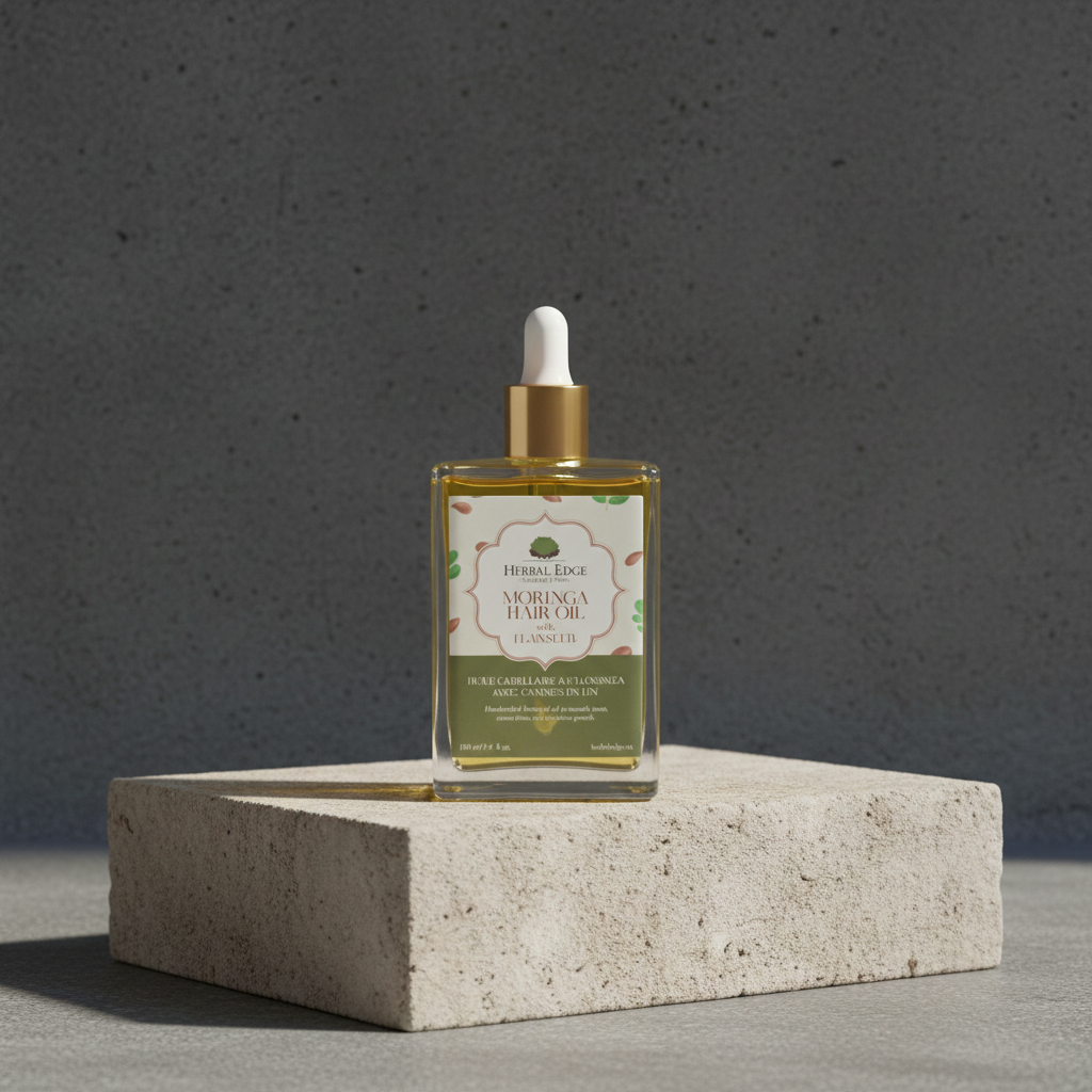 Herbal Elixir Moringa Hair Oil bottle on a concrete block with a gray background