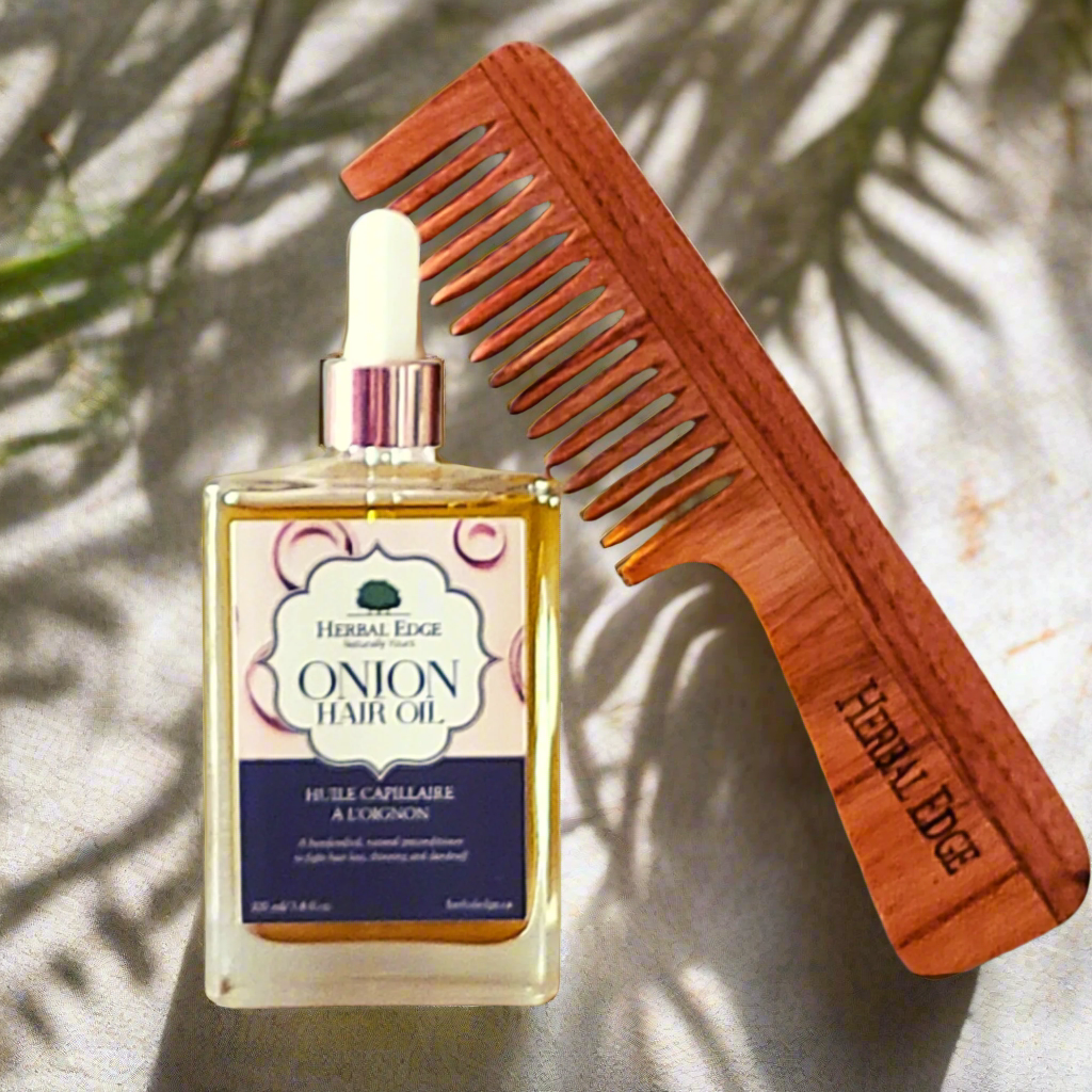 onion hair oil and neem comb combo for thichker, fuller hair and help reduce hair fall, thinning and scalp infections