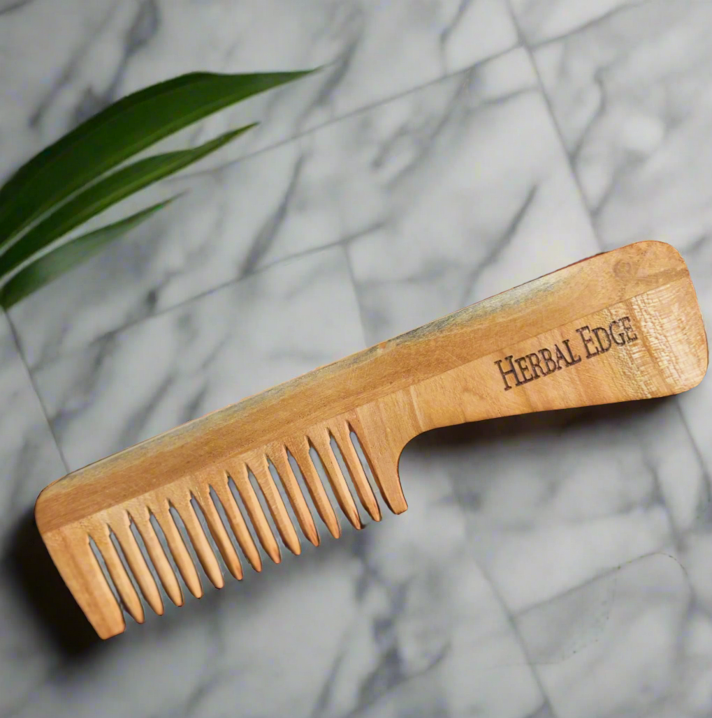 pure wood neem combs for less hair fall, dandruff & shiny hair. These handmade neem combs are made in India using ethical practices & are not coated with lacquer.