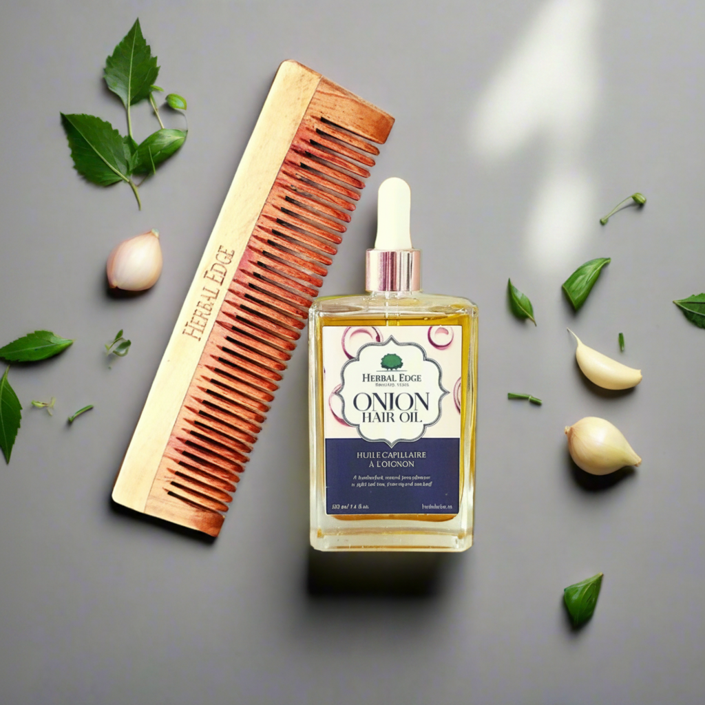 onion hair oil and neem comb combo for thichker, fuller hair and help reduce hair fall, thinning and scalp infections